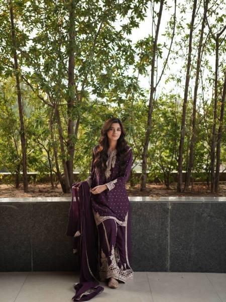 Noorani Wine Faux Georgette Suit Set with Codding & Sequin Work at Manufacturer Rates Ready To Wear Collection