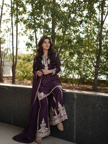 Noorani Wine Faux Georgette Suit Set with Codding & Sequin Work at Manufacturer Rates Ready To Wear Collection
