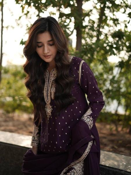 Noorani Wine Faux Georgette Suit Set with Codding & Sequin Work at Manufacturer Rates Ready To Wear Collection