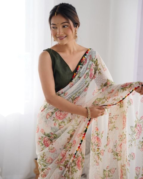 Off White Print   Woven Work Georgette Saree Set Best Price  Georgette Sarees Wholesale
