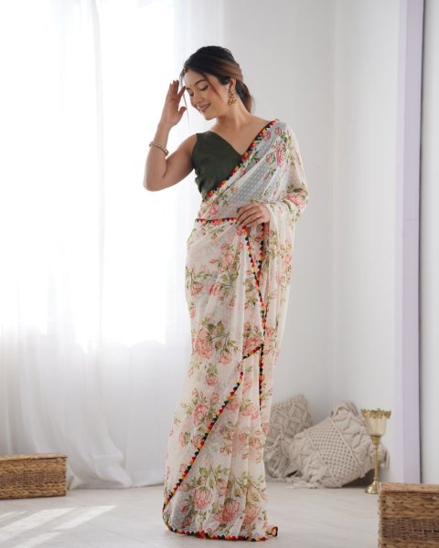 Off White Print   Woven Work Georgette Saree Set Best Price  Georgette Sarees Wholesale