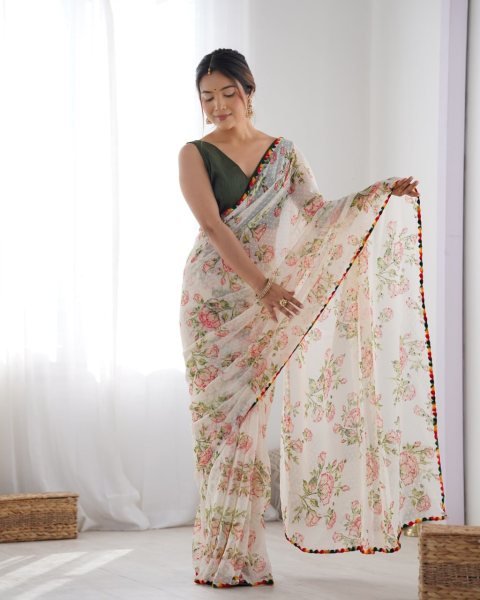 Off White Print   Woven Work Georgette Saree Set Best Price  Georgette Sarees Wholesale