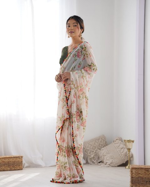 Off White Print   Woven Work Georgette Saree Set Best Price  Georgette Sarees Wholesale