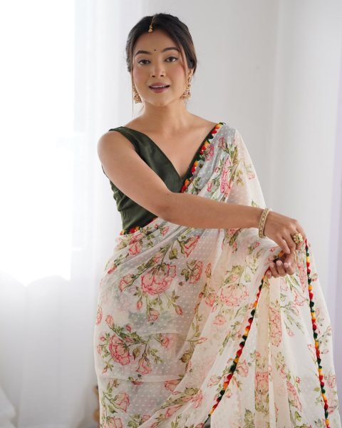 Off White Print   Woven Work Georgette Saree Set Best Price  Georgette Sarees Wholesale