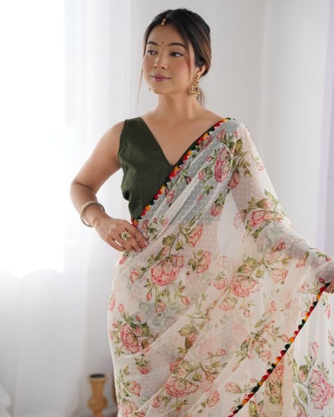 Off White Print   Woven Work Georgette Saree Set Best Price  Georgette Sarees Wholesale
