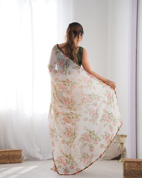 Off White Print   Woven Work Georgette Saree Set Best Price  Georgette Sarees Wholesale