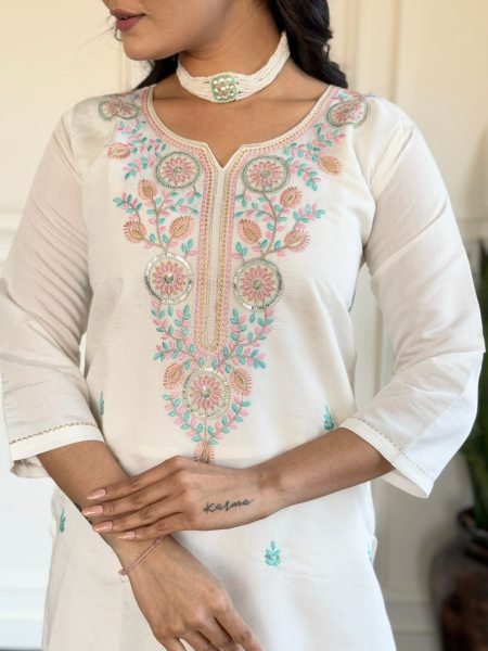 Off White Attractive Party Wear Indian Suit Set For Women Online 3 Piece Kurti Set
