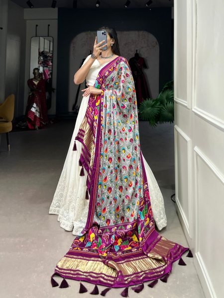 Off White Color Lucknowi Work Lehenga Choli With Different Dupatta 