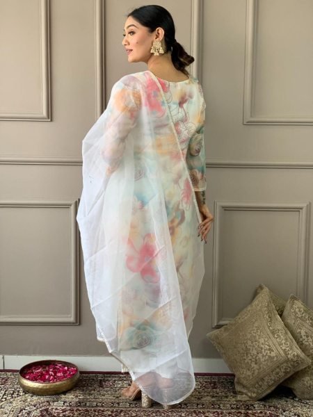Off White Floral Printed Organza Kurta Set   3 Piece Kurti Set
