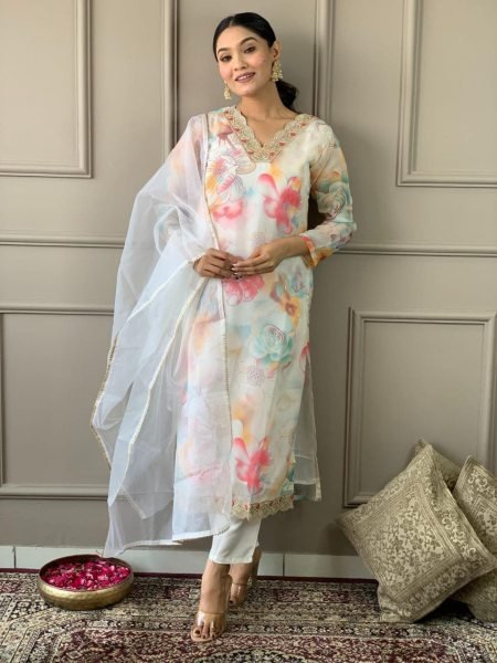 Off White Floral Printed Organza Kurta Set   3 Piece Kurti Set