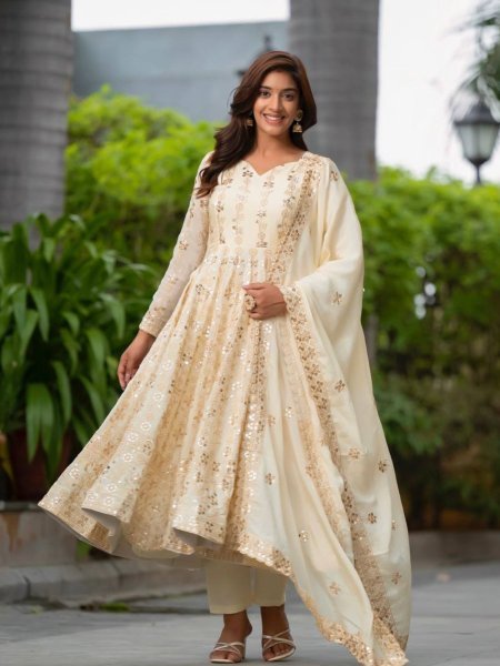 Off White Georgette Anarkali Suit With Heavy Sequin Embroidery Ready To Wear 3 Piece Set At Best Wholesale Price 