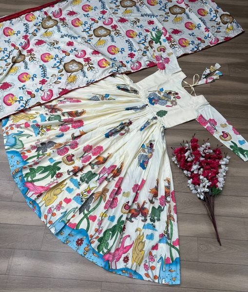 Off White Kalamkari Silk Gown With Dupatta Ready To Wear Collection