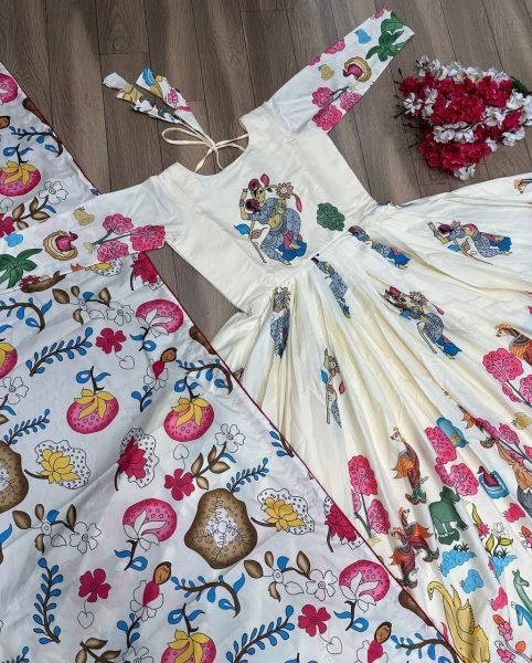 Off White Kalamkari Silk Gown With Dupatta Ready To Wear Collection