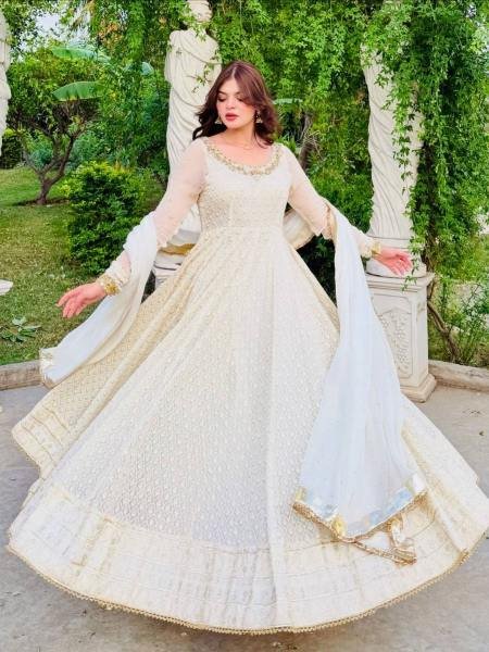 Off White Sequin & Mirror Embroidery Work Georgette Long Gown with Dupatta for Receptions & Parties Ready To Wear Collection