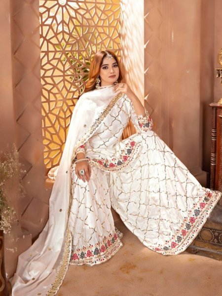 Off White Sharara Suit in Chinon Silk with Sequins Reception Ready Look 