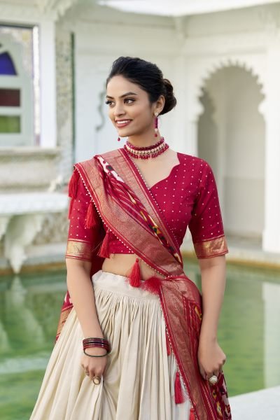 Off White Tussar Silk Festival Wear Patola Print Lehenga Choli Lehenga Choli Navratri Lehnega Choli