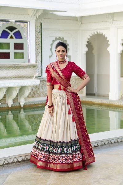 Off White Tussar Silk Festival Wear Patola Print Lehenga Choli Lehenga Choli Navratri Lehnega Choli