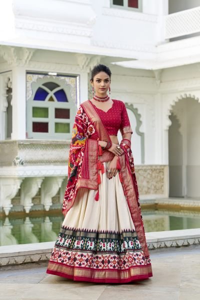 Off White Tussar Silk Festival Wear Patola Print Lehenga Choli Lehenga Choli Navratri Lehnega Choli
