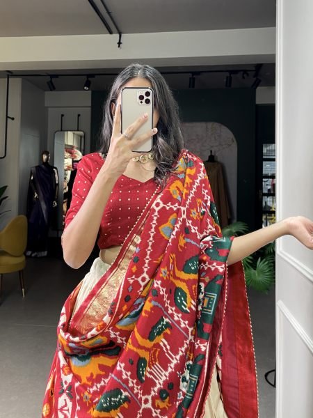 Off White Tussar Silk Festival Wear Patola Print Lehenga Choli Lehenga Choli Navratri Lehnega Choli
