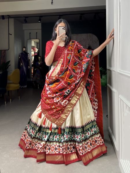 Off White Tussar Silk Festival Wear Patola Print Lehenga Choli Lehenga Choli Navratri Lehnega Choli