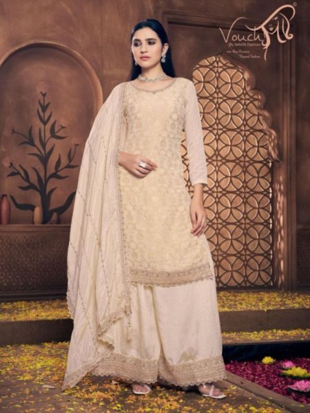 off white viscose chinon salwar suit by vouch elegant wedding wear with palazzo style Salwar Kameez