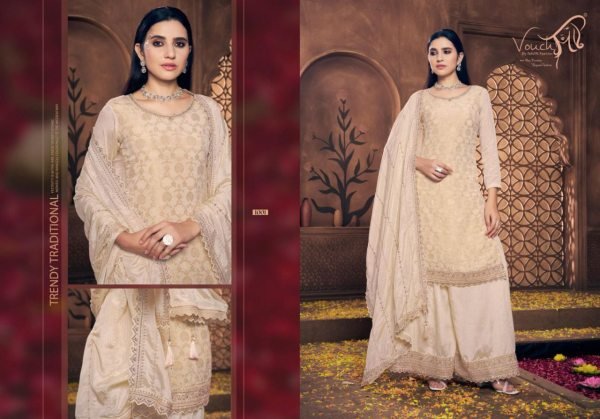 off white viscose chinon salwar suit by vouch elegant wedding wear with palazzo style Designer Plazzo Salwar Suits Wholesale