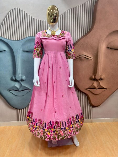  Office to Evening Wear Pink Kora Cotton Kurti Elegant Embroidery with Inner Lining 