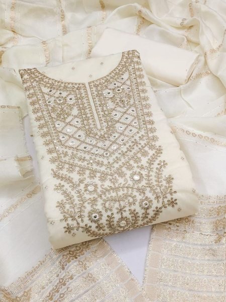 Offwhite Heavy Chanderi Silk Dress Material for Women by Bliss Flair Intricate Embroidery   Kodding Booti Work Surat Based Designer Suppliers 