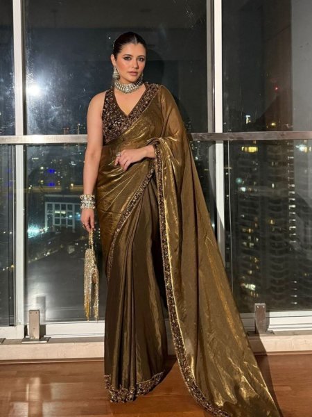 Olive Gold Silk Saree with Embellished Velvet Blouse Wedding and Partywear 