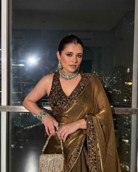 Olive Gold Silk Saree with Embellished Velvet Blouse Wedding and Partywear Bollywood Fancy Sarees Wholesale