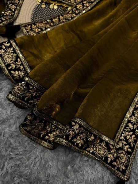 Olive Gold Silk Saree with Embellished Velvet Blouse Wedding and Partywear Bollywood Fancy Sarees Wholesale