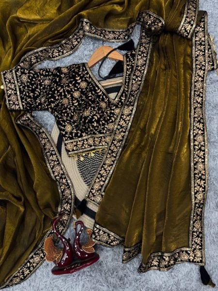 Olive Gold Silk Saree with Embellished Velvet Blouse Wedding and Partywear Bollywood Fancy Sarees Wholesale