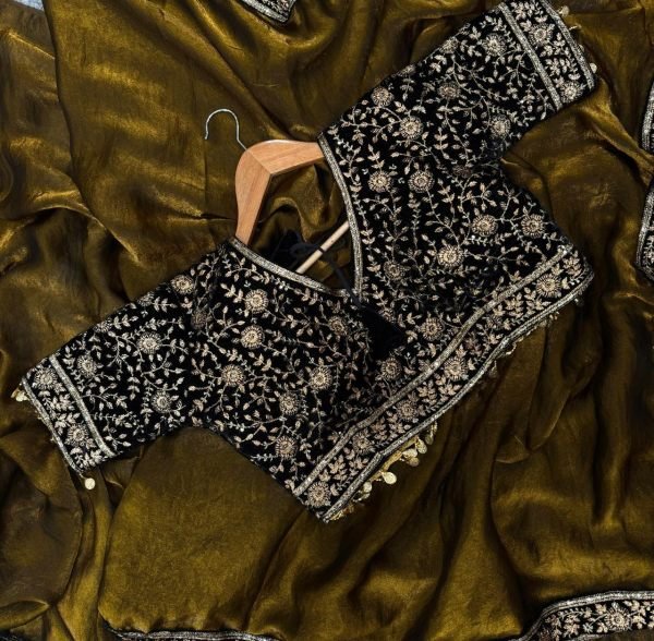 Olive Gold Silk Saree with Embellished Velvet Blouse Wedding and Partywear Bollywood Fancy Sarees Wholesale