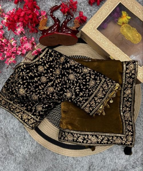 Olive Gold Silk Saree with Embellished Velvet Blouse Wedding and Partywear Bollywood Fancy Sarees Wholesale