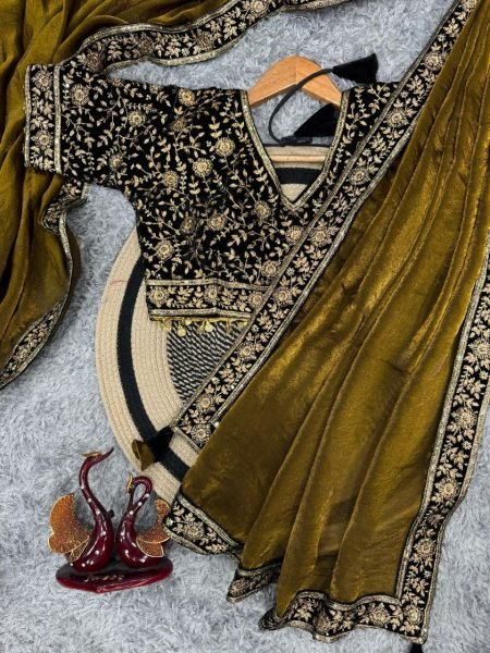 Olive Gold Silk Saree with Embellished Velvet Blouse Wedding and Partywear Bollywood Fancy Sarees Wholesale