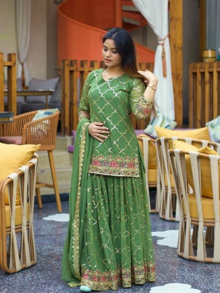 Olive Green Chinon Sharara Set with Sequin Detailing  Mehendi Function Look 