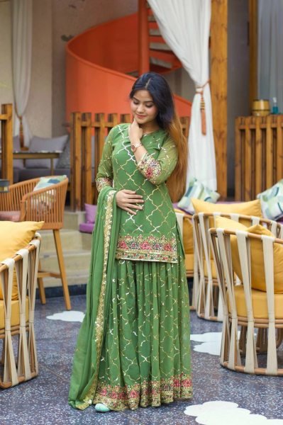 Olive Green Chinon Sharara Set with Sequin Detailing  Mehendi Function Look Ready To Wear Collection