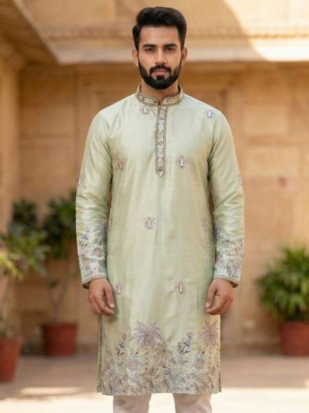 Olive Green Color Embroidery Work Malai Silk Kurta Set at Wholesale Rates For Mens 