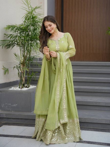 Olive Green Crunchy Silk Gown Set with Mirror and Sequins Work Wedding Look 