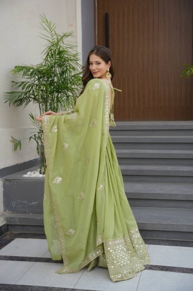 Olive Green Crunchy Silk Gown Set with Mirror and Sequins Work Wedding Look Anarkali Kurtis 