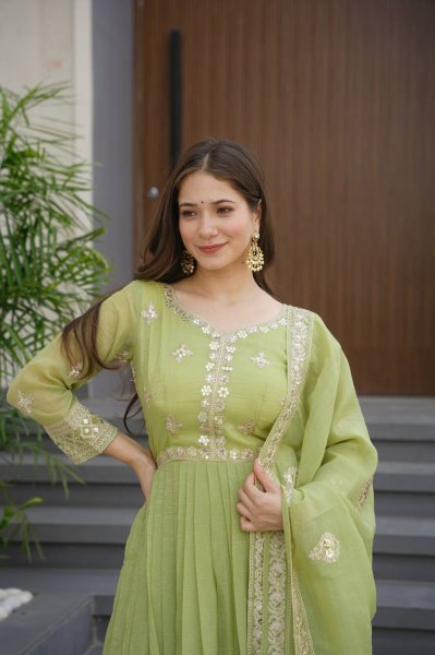 Olive Green Crunchy Silk Gown Set with Mirror and Sequins Work Wedding Look Anarkali Kurtis 