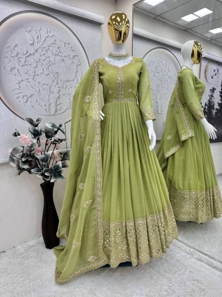 Olive Green Crunchy Silk Gown Set with Mirror and Sequins Work Wedding Look Anarkali Kurtis 