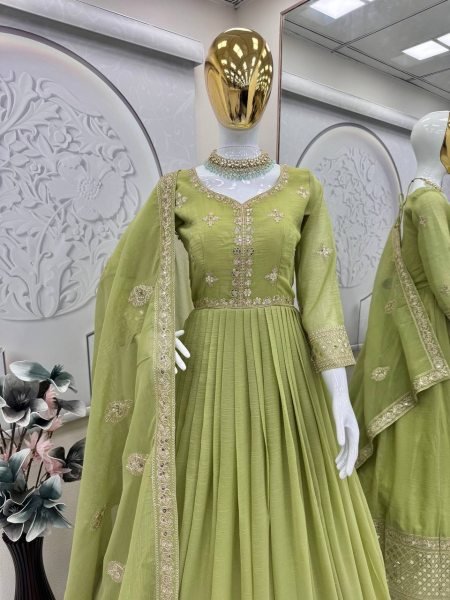 Olive Green Crunchy Silk Gown Set with Mirror and Sequins Work Wedding Look Anarkali Kurtis 