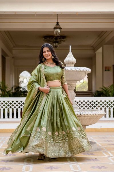 Olive Green Crush Silk Embroidered Lehenga Choli with Dupatta for Wedding Special Designer Lehenga Choli