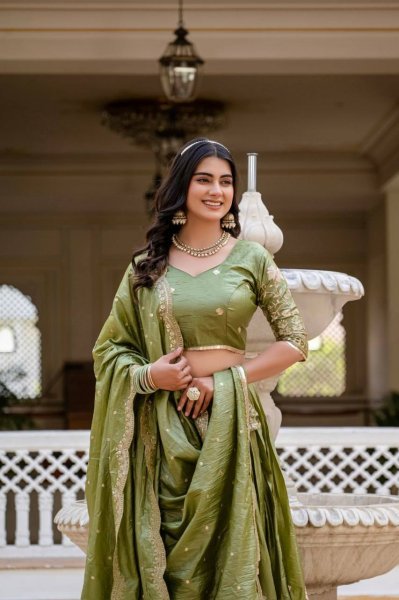 Olive Green Crush Silk Embroidered Lehenga Choli with Dupatta for Wedding Special Designer Lehenga Choli
