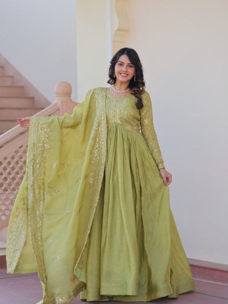 Olive Green Gold Crush Gown Set with Dupatta Designer Festive Look 