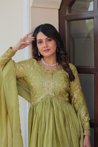 Olive Green Gold Crush Gown Set with Dupatta Designer Festive Look Anarkali Kurtis 