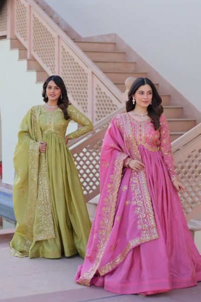 Olive Green Gold Crush Gown Set with Dupatta Designer Festive Look Anarkali Kurtis 