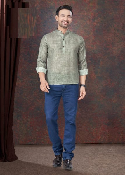 Olive Green Linen Mens Kurta Daily Ethnic Comfort Fit Mens Shirt