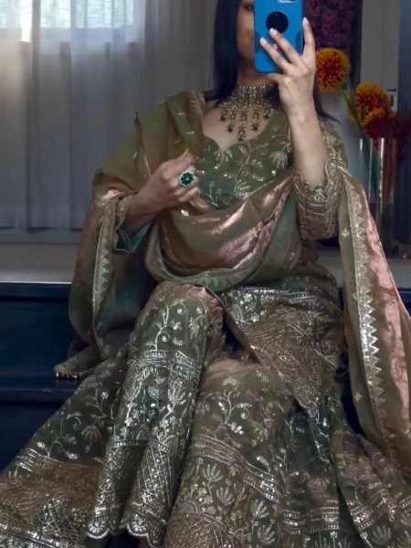 Olive Green Embroidery Crush Silk Sharara Suit with Dupatta Premium Wedding Wear 